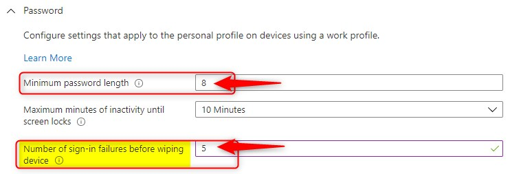 Password settings that apply to the personal profile on devices using a work profile